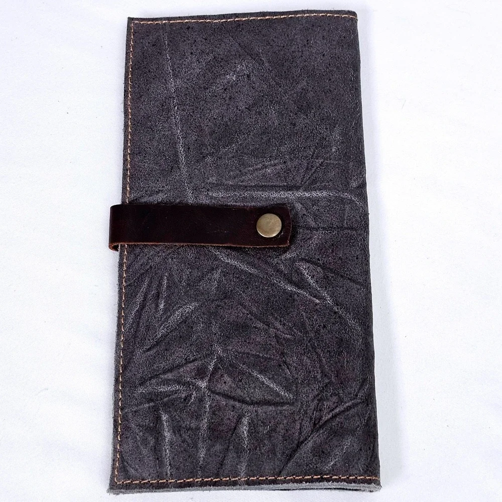 DELLY Men's Distressed Dark Gray Leather Long Bifold Wallet Clutch VTG Organizer